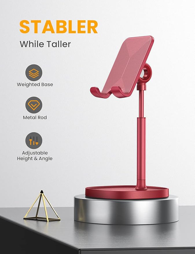 LISEN Cell Phone Stand Adjustable Phone Holer for Desk, Computer Office Desk Accessories for iPhone 16 Holder Women Kitchen Essentials Fits All Mobile Phones Switch Kindle iPads Tablet 4-10in Red