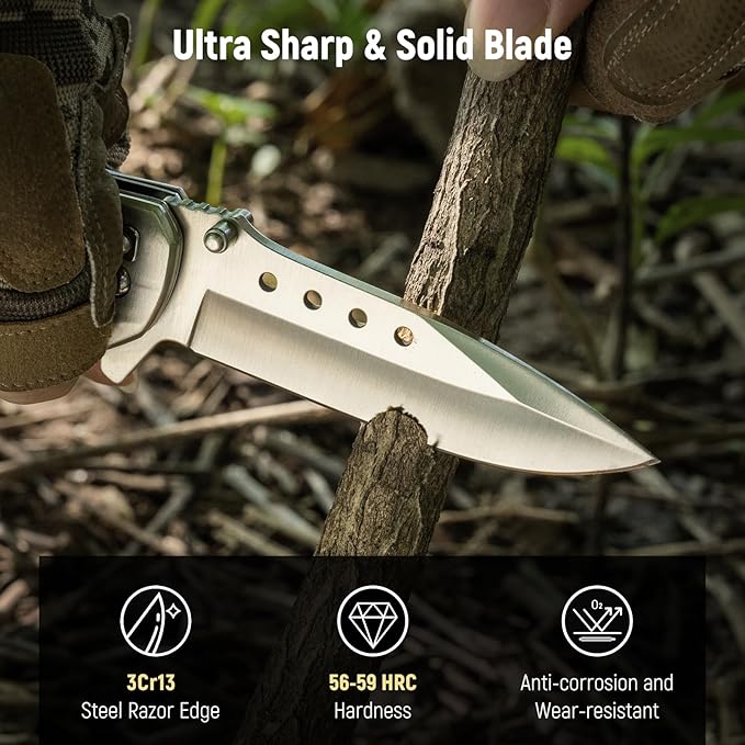 Pocket Knife for Men - Sharp Blade Wood Handle Pocket Folding Knives with Clip, Glass Breaker - EDC Knives for Survival Camping Fishing Hiking Women, Large, Olive