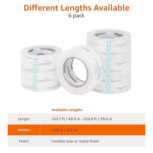 Amazon Basics Packing Tape, Strong & Durable for Moving, Storage, Shipping, Mailing and Sealing, Crystal Clear, 1.88" x 109 Yards, 6-Pack