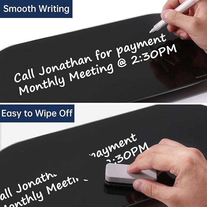 Glass Desktop Whiteboard - 17 X 7 Inches Black Board Blue Light | Glass Surface/Notepad with 1 Drawer/ Desk Organizers/ for Office, Home, School Supplies