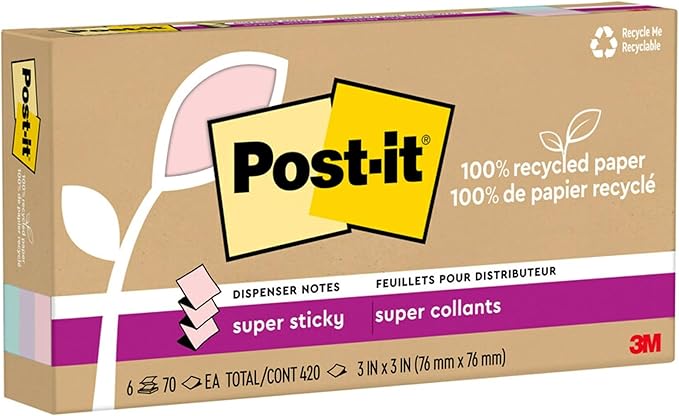 Post-it Super Sticky 100% Recycled Pop-up Notes, 3 in. x 3 in. Wanderlust Collection, New Year Organization or Second Semester School Supplies, 70 Sheets, 6 Pads (Pack of 12)