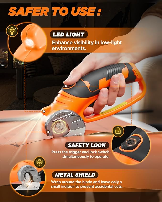 Saker Box Cutter Electric Cordless: Card board Cutter Scissors for Fabric Leather Paper Plastic - Cardboard Cutting Tool with 4V Recharged Battery - Safety Lock and LED Light for Cutting,Orange
