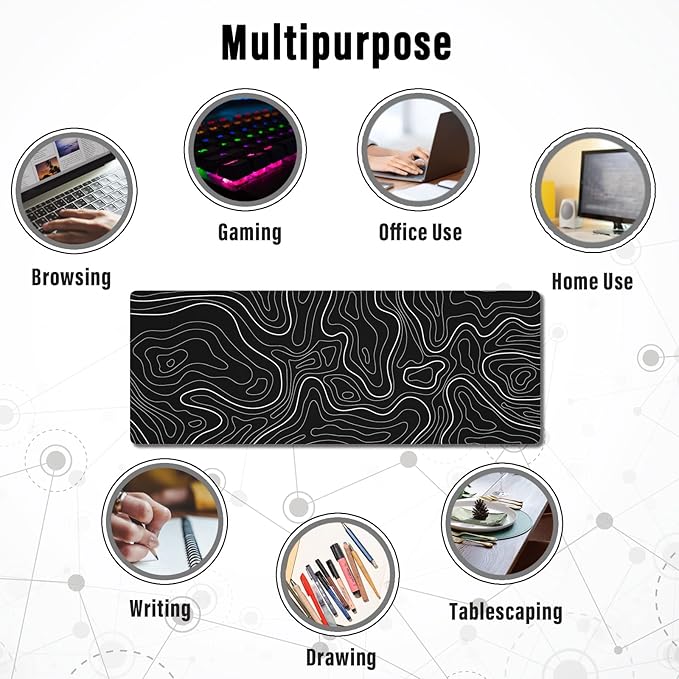 Ovenbird Large Gaming Mouse Pad with Stitched Edges, Minimalist Topographic Map Mouse Pad, Extended XL Mousepad with Anti-Slip Base, Cool Mouse Pad for Keyboard and Mouse, 35.4 x 15.7 in, Black