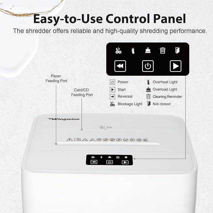 Wingwise Ultra Low Noise 42dB Paper Shredder for Home Office White | 15 Sheets, P-4, 30 Mins Runtime, 6.6 gal, Corss Cut, Shreds CDs & Credit Cards