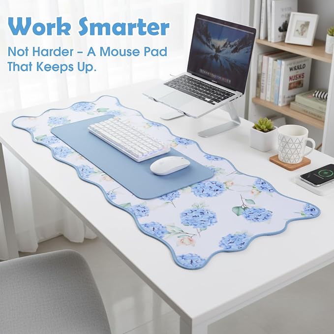 1 Pcs Blue Scalloped Hydrangea Desk Mat 31.5 x 11.8 Inch Large Cute Mouse Pad Computer Mat Non Slip Waterproof Rubber Base with Border Stitching Soft Keyboard Pad for Home Office Gaming Makeup