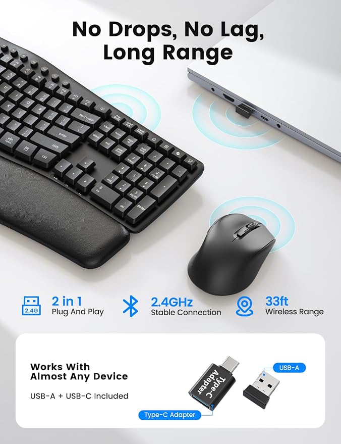 Wireless Keyboard and Mouse Combo, SABLUTE MA41 30dB Quiet Ergonomic Wave Keyboard Set with Soft Leather Palm Rest, Dual-System Switch for Windows/Mac, Ideal for Business Teams Home Office | Soft Leather Memory Foam Wrist Rest, 2.4GHz Wireless, UAB-A &...