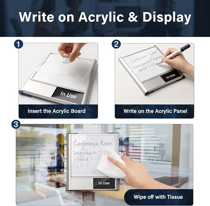 Conference Room Door Sign with Slider – Office Door Sign for Meeting Room, Writable Whiteboard Panel, DIY Custom Insert Options, In Use Available, Self-Adhesive Mount（Rounded Edges）