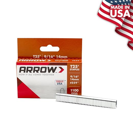 Arrow 259 T25 Staples for Installing Low Voltage Wires & Cables, 1100 Count | 9/16" Leg Length, 5/16" Crown Width, Heavy-Duty Steel, For Holiday Lights, Doorbells & Alarm Systems