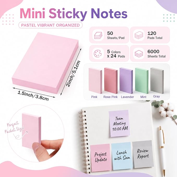 Fainne 120 Pads Sticky Notes Bulk 1.5x2,Simple Style,Pastel Mix,120 Pads | Bulk Mini Posted Pads, 50 Sheets Each, Self Stick Memo Paper for Office School Notebook, Bright Assorted Colors
