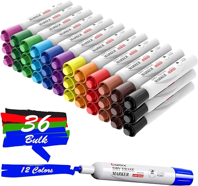 Comix Dry Erase Markers, Chisel Tip Whiteboard Markers, 36 Count 12 Assorted Colors Low Odor Markers for Classroom, Teachers, Office, School Supplies