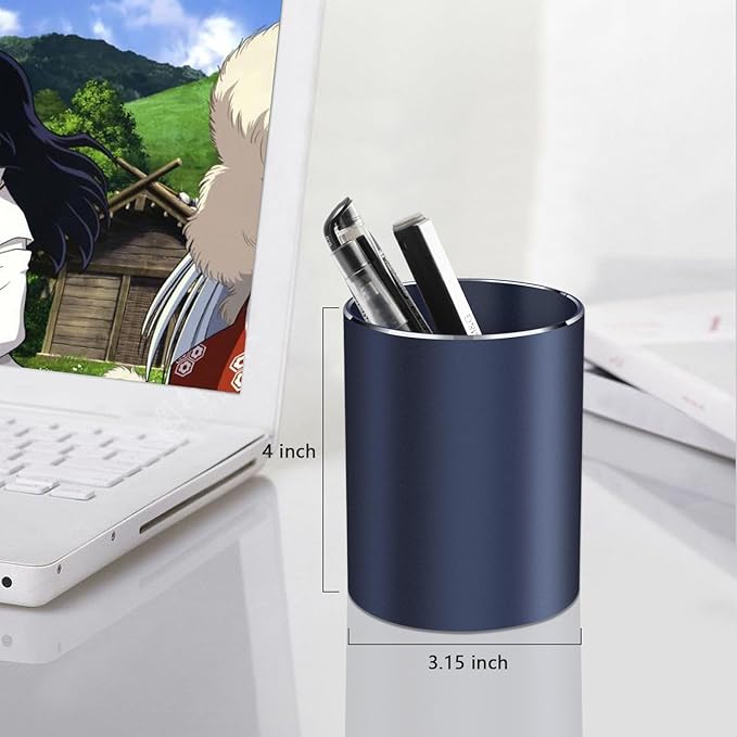 Pen holder, aluminum alloy waterproof pen holder, desktop simple and modern minimalist, multifunctional office supplies for families, kids and schools (blue)