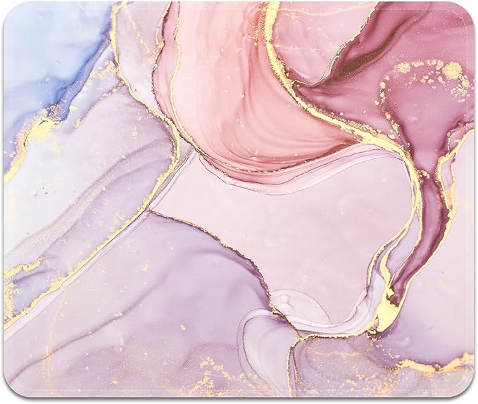 Mouse Pad with Stitched Edges - Elegant Marble Mousepad for Women, 9.25 x 7.75 inch Washable Square Desk Pad, Non-Slip Rubber Base, Office Home Laptop Accessories - Rose Marble