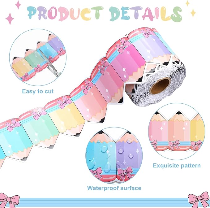 Gersoniel 69 ft Pastel Pencil Bulletin Board Borders Pencil Bow Die-Cut Border Trim Roll Back to School Classroom Decorations for Teacher Blackboard Chalkboard Offices Home Walls