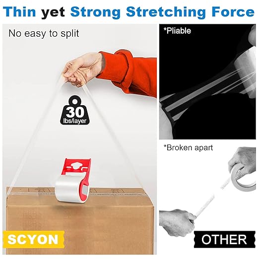 SCYON Packing Tape, Clear Packing Tape with Dispenser, 1.88 in. x 22.2 yd., 3 Noiseless Shipping Tape Rolls, 2 mil, Tranparent Boxing and Packaging Tape for Mailing, Moving Supplies.