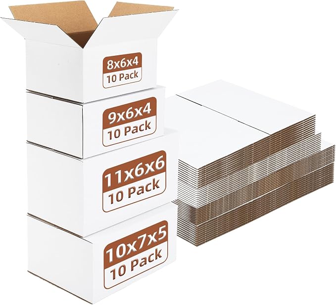 Hoikwo 40 Packs White Shipping Boxes Mixed Sizes | 10 PCS Each of 11x6x6, 10x7x5, 9x6x4, 8x6x4, Cardboard Box for Small Business Packaging and Mailing