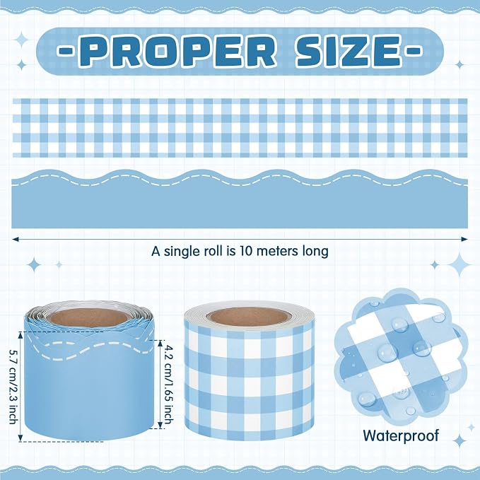 2 Rolls 65.6ft Dusty Blue Gingham Bulletin Board Borders Decoration Blue Checkered and Straight Edge Bulletin Borders Board Trim for Office School Classroom Chalkboard Party Decoration