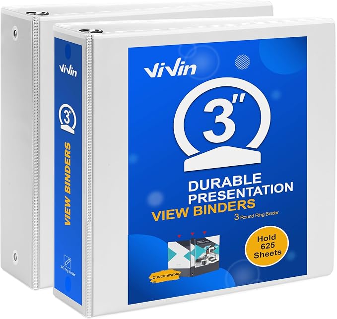 ViVin 3 Ring Binder 3 Inch, 2 Pack, White | Clear View Cover, Large 3" Round Ring for Strength, Holds 600 Sheets of US Letter Size Paper, Office Home School Use