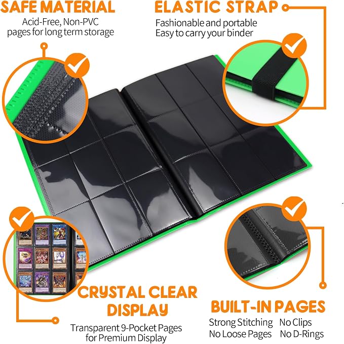 Trading Card Binder 9 Pocket, 360 Card Waterproof Folder with Side Loading Sleeves, Sturdy Card Collection Album for MTG, TCG, Game Cards & Sports Cards, 1 Pack, Green