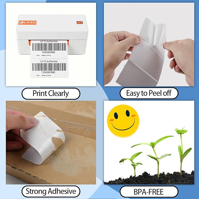 L LIKED 4" X 2" Fanfold Direct Thermal Labels - 1000 Total UPC and Shipping Labels Compatible with Zebra, Munbyn, and Rollo Thermal Printers