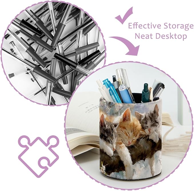 Leather Pen Holder for Desk, Sleeping Cat Pencil Cup Pen Organizer Makeup Brush Holder for Office Home Kids Countertop Desk Accessory Storage