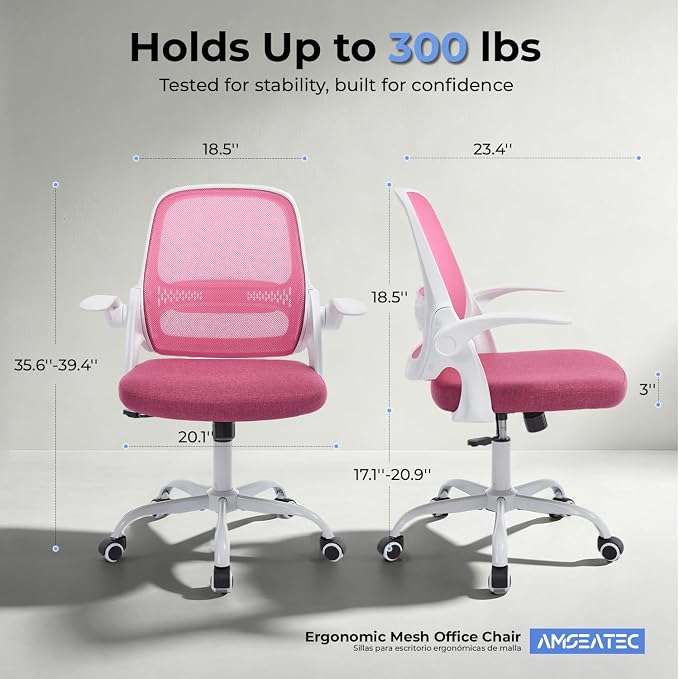 amseatec Mesh Office Chair, Ergonomic Home Office Chair with Flip-Up Arms | Breathable Mesh Back & 3" cushion. BIFMA Certified. 90-110° Rocking. Supports 300 lbs.
