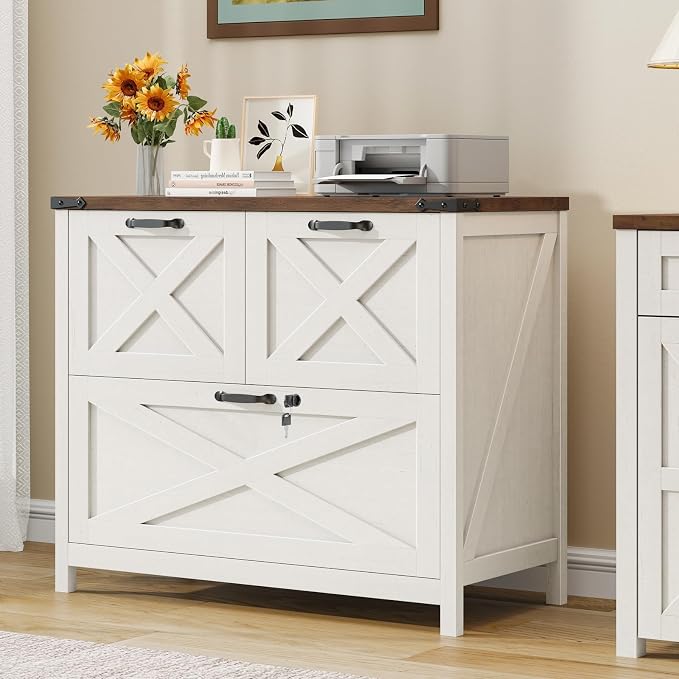 Halitaa 3 Drawer Farmhouse Lateral File Cabinet, Rustic White and Brown | Lateral Filing Cabinet with Lock for Letter/A4/Legal Size, Large Wood File Storage Cabinet Printer Stand for Home Office