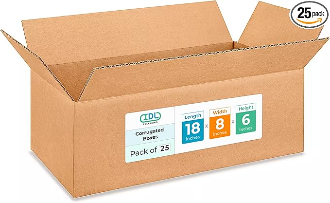 Medium Shipping & Moving Boxes 18"L x 8"W x 6"H (25-Pack) - Extra Strength 200 lb vs Regular - USA-Made Corrugated Packing Boxes for USPS/UPS/FEDEX - Medium Heavy-Duty Moving Box by IDL Packaging