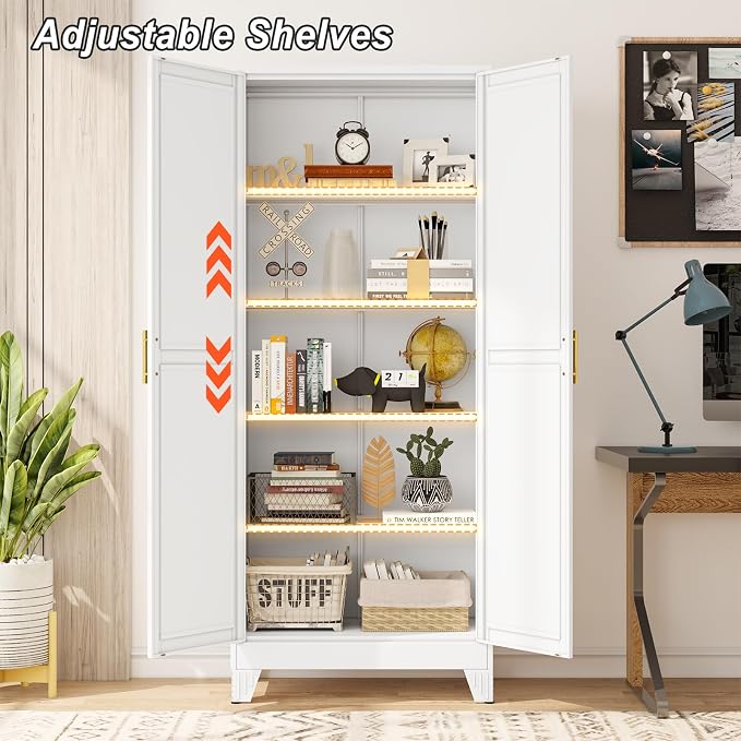 winiowa Metal Pantry Cabinet with 2 Doors and Adjustable Shelves - 71" Kitchen Storage Cabinet with Gold Handles - Versatile Storage for Kitchen, Bathroom, Dining Room, Utility Room - White
