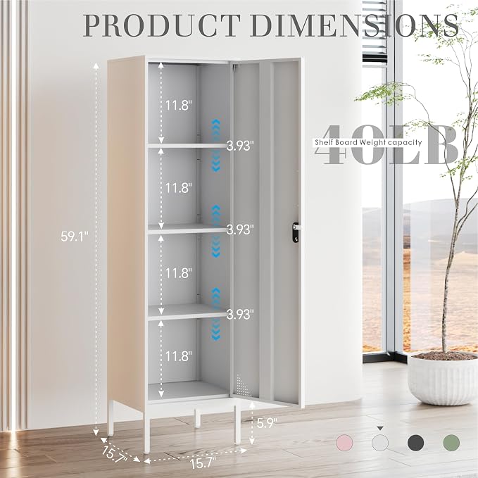 White Metal Locker Cabinet, 59.1" Lockable Storage Locker for Employees with Adjustable Shelves, Locking File Cabinet Door for Office, School, Gym, Garage