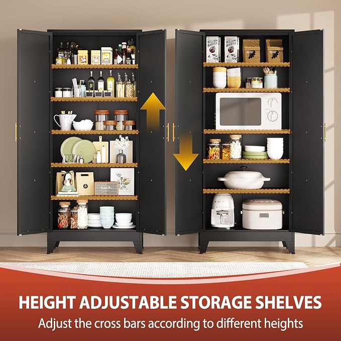 PAOFIN 75" H Tall Kitchen Storage Cabinet with Doors | Freestanding Pantry Cabinet,Farmhouse Food Storage Cabinets,Tall Cabinets for Kitchen, Dining Room, Living Room(Black)