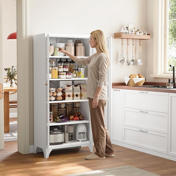 Metal Storage Cabinet with 2 Doors and Adjustable Shelves - 61" White Kitchen Pantry Storage Tall Steel Cabinets Locker for Kitchen, Living Room, Dining Room