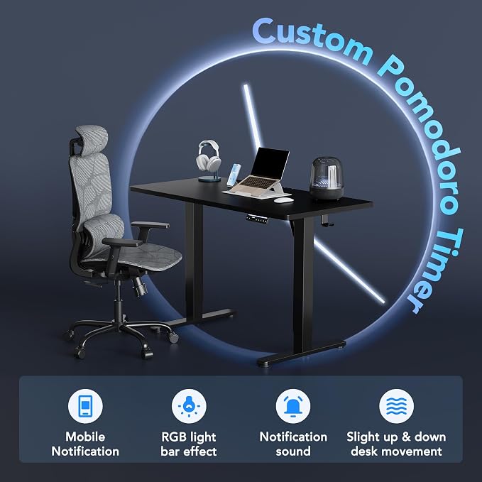 HUANUO One-Piece AI-Powered Electric Standing Desk, Smart APP, Work with Alexa & Google, Adjustable Height, 3 Memory Settings, Sedentary Reminder, Ergonomic Sit-Stand Desk, 48-inch, Black