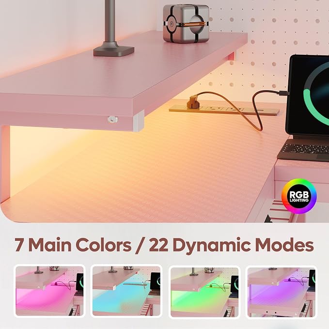 Bestier 52-Inch L-Shaped Gaming Desk with Charging & LED, Pink | Charging 3AC+2USB, RGB LED 20 Colors/22 Modes, Reversible Storage Shelves, Carbon Fiber Texture, Headphone Hook, 52 in