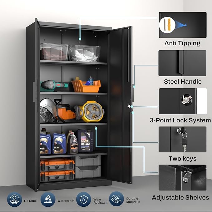 Metal Garage Storage Cabinet, 72" Tall, Black | With Lock, Steel Storage Locker, 4 Adjustable Shelves, Heavy Duty