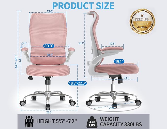 TRALT Office Chair Ergonomic Desk Chair - Gaming Chair with Lumbar Support | 330 LBS Home Office Desk Chairs , Reading Chair with Flip-up Armrests, Comfortable Computer Chairs (1, Pink)