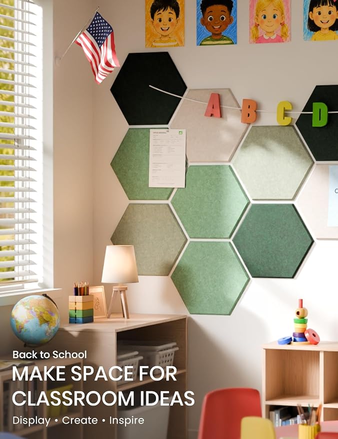 Fluxynara 8-Pack Hexagon Felt Bulletin Board Tiles, Sagewood | Cork Board Alternative with 50 Adhesive Tabs for Notes, Photos and Reminders in Home Offices, Dorm and Classrooms