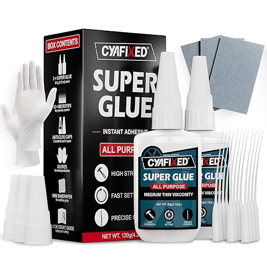 Medium-Thin Super Glue 4oz Clear Liquid CA Glue for Wood Shoe Furniture Ceramic Leather Glass Plastic Model Metal Rubber, All Purpose Cyanoacrylate Instant Adhesive, Strong Bonding and Fast Drying