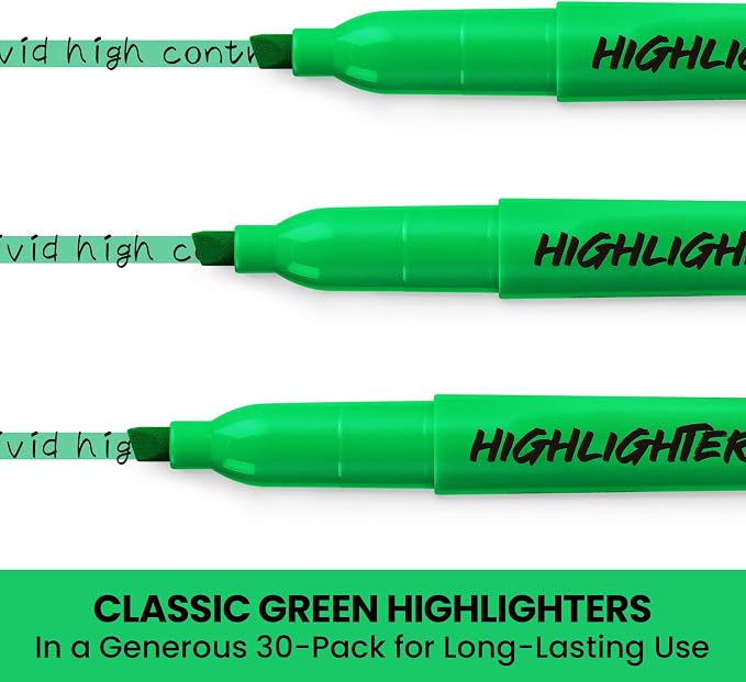 Taja 30 Pack Highlighters, Green, Chisel Tip with No Bleed Ink | Highlighters with Smooth Broad & Precise Lines, Ideal for Journaling & Note Taking, Study Essentials and Office Supplies