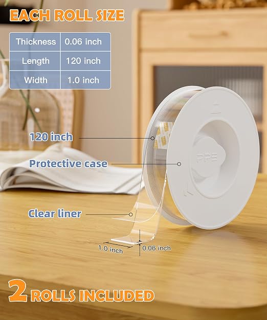PPB 2 Rolls Double Sided Tape Heavy Duty - Removable Mounting Tape for Poster Carpet Picture Hanging Strip Rug Wall Outdoor - Clear & Strong Nano Tape Adhesive Multipurpose