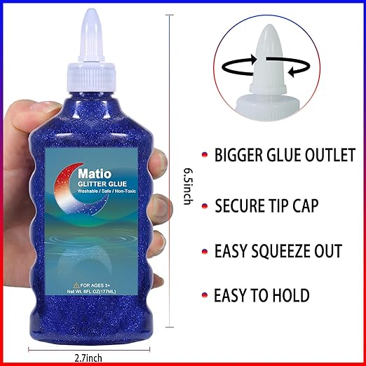 Matio Glitter Glue, 4 Pack Glitter Liquid Glue Non-Toxic Washable 6 FL OZ Each Bottle Assorted Color Glue Stick Red Blue Silver Wine Red Gel Pen for DIY Slime Craft,Painting Art,Christmas Decor Supply