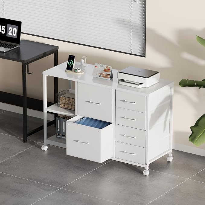 6 Drawer File Cabinet with Charging Station and Open Storage Shelf, White