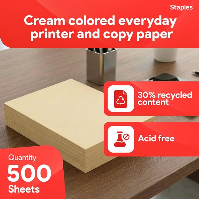 Staples Pastel Recycled Copy Paper, Cream, 20 lb., 8.5" x 11", 500 Sheets – 30% Recycled Multipurpose Paper for Printing & Documents