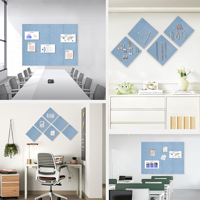 36" x 24" Large Felt Bulletin Board 1/2" Thick, Light Blue | 6 Pack Felt Tiles, Cork Board Alternative, 30 Adhesive Tabs, Pin Board for Home Office Decor with Easy Install