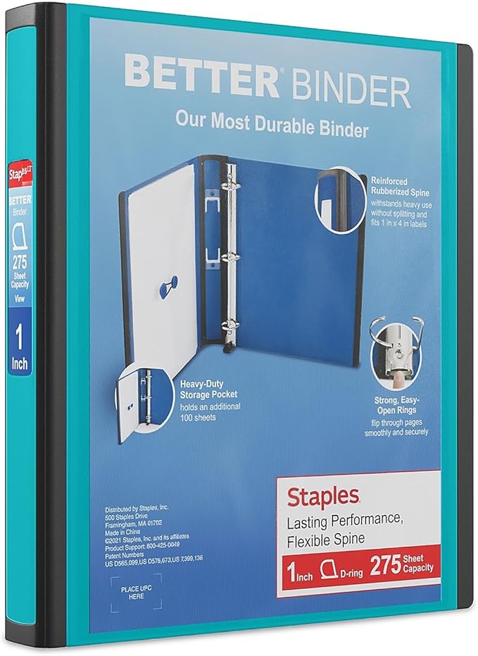 Staples Better Binder 1-Inch D-Ring View Binder, Reinforced Spine, Holds Up to 275 Sheets, Teal, for Office & School