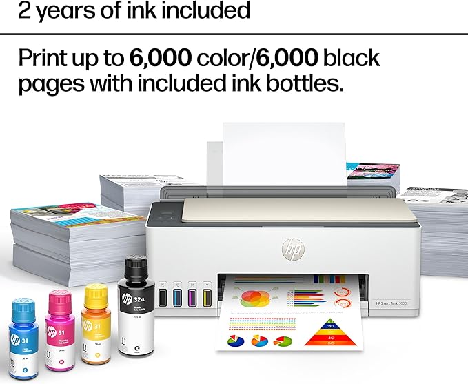 HP Smart Tank 5000 Wireless All-in-One Ink Tank Printer, Scanner, Copier with 2 Years of Ink Included, Best-for-Home, Cartridge-Free, Refillable, AI-Enabled, an EcoTank Alternative (5D1B6A)
