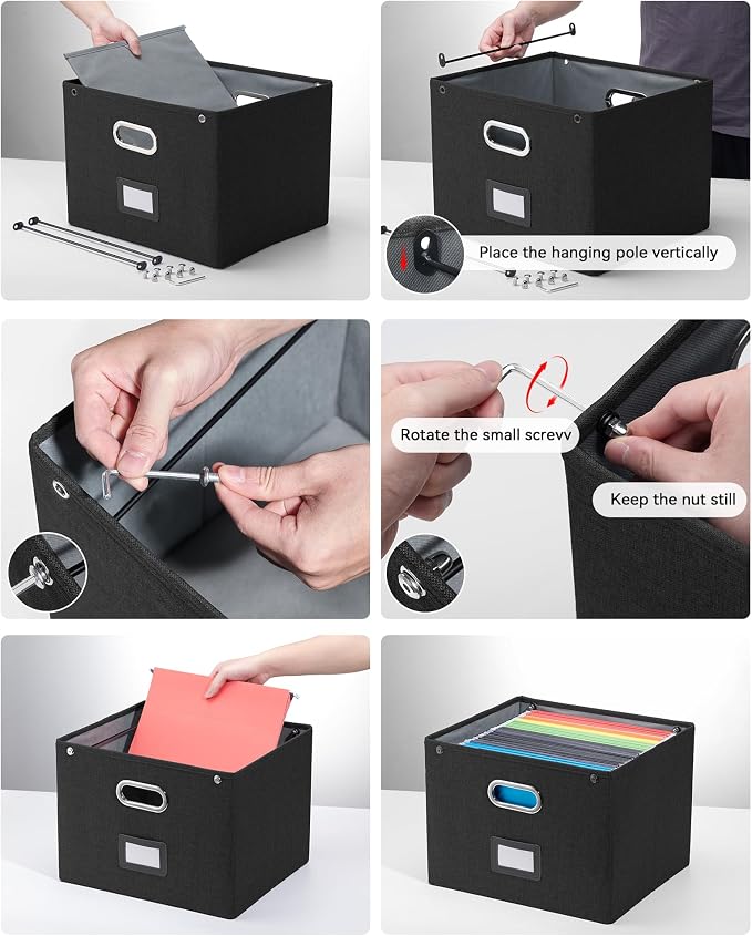 File Organizer Box with Lid,Large Hanging Filing Box with Mesh Pocket, Document c for Letter Files, Portable Storage Case with Smooth Sliding Rail for Office&Home (1 PCS, Black)