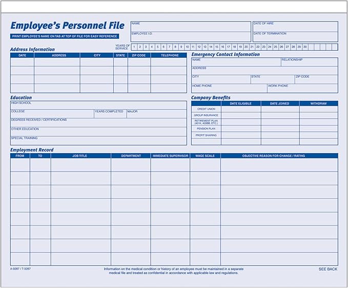 Adams Employees Personnel File Folder, Heavy Card Stock, 11-3/4 x 9-1/2 Inches, Pack of 20 Folders (9287ABF) ,Blue/White