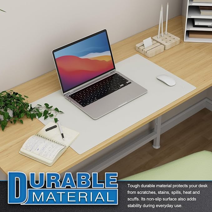 K KNODEL Small Office Desk Mat, Leather Mouse Pad (23.6"x13.8", White) | Desk Pad, Keyboard Pad, Computer and Laptop Mat, Desktop Protector and Cover, Writing Pad and Blotter for Home Office