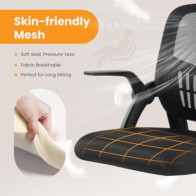 Sweetcrispy Home Office Managerial Executive Chair, Flip Up Armrest Ergonomic Mesh Adjustable Swivel Mid-Back Computer Desk Chair with Comfortable Lumbar Support, Comfy Arms for Bedroom,Study