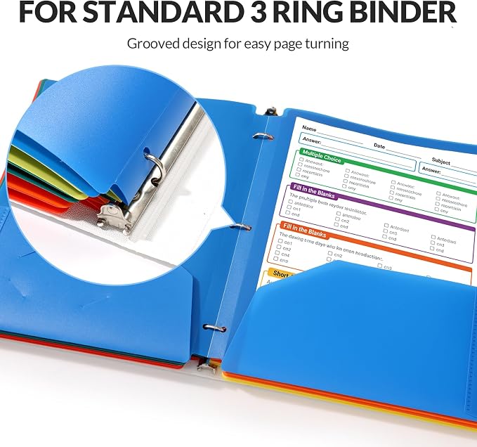 GNL Plastic Folders with Pockets 3 Hole Punched, Pack of 5, 2 Pocket Folders for 3 Ring Binder，Colored Heavy Duty Binder Folder for School, Home and Office
